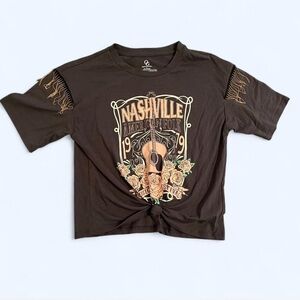 Western Cowgirl Nashville Graphic Cropped Tie Front shirt, Chain Sleeve Detail